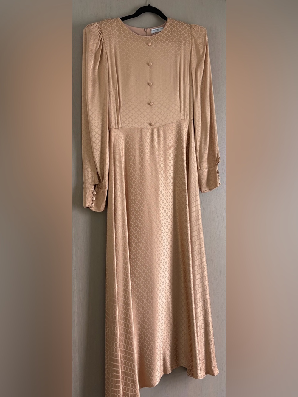 Long Sleeve Cream Satin-Effect Midi Dress with Covered Buttons